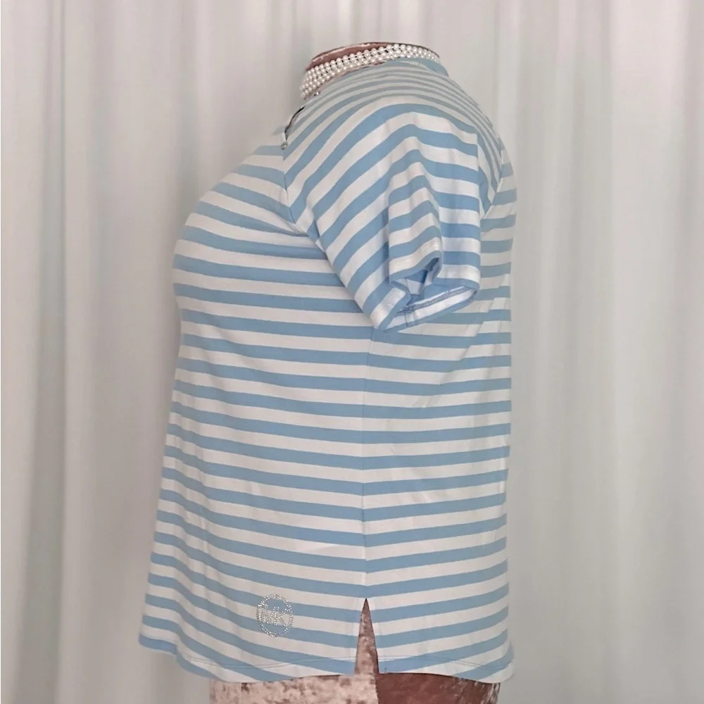 Michael Kors Short Sleeve White and Blue Stripe Women's Shirt (675)